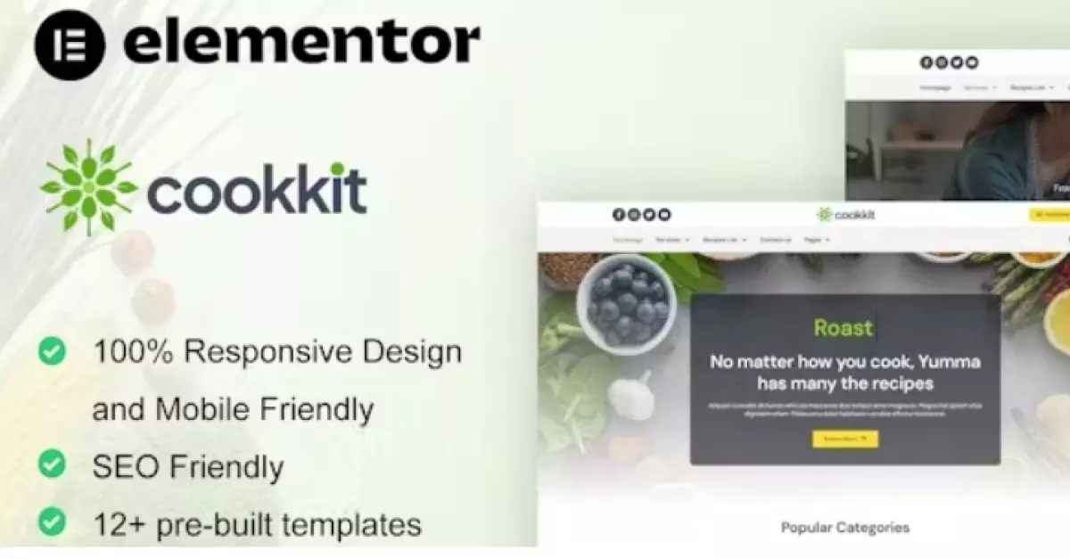 Cookkit – Food Recipe &amp; Nutrition Service Elementor Pro Template Kit