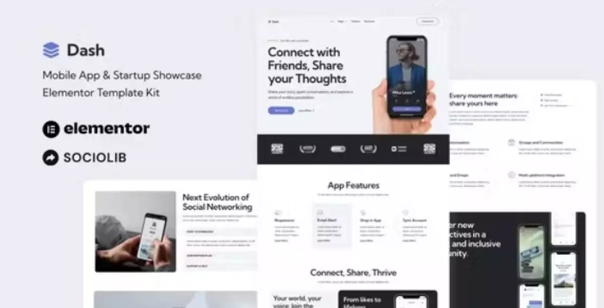 Dash - Mobile App &amp; Startup Showcase Elementor Template Kit