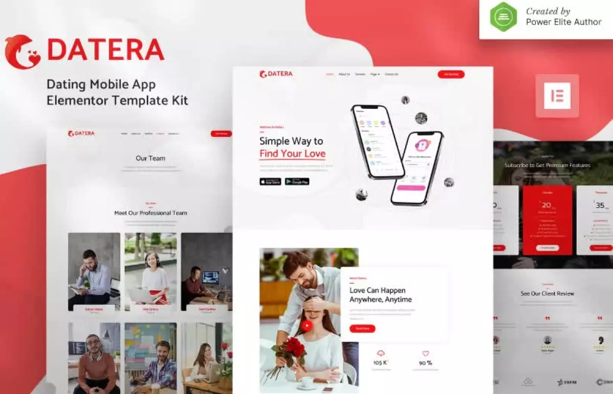 Datera – Online Dating Mobile App Landing Elementor Template