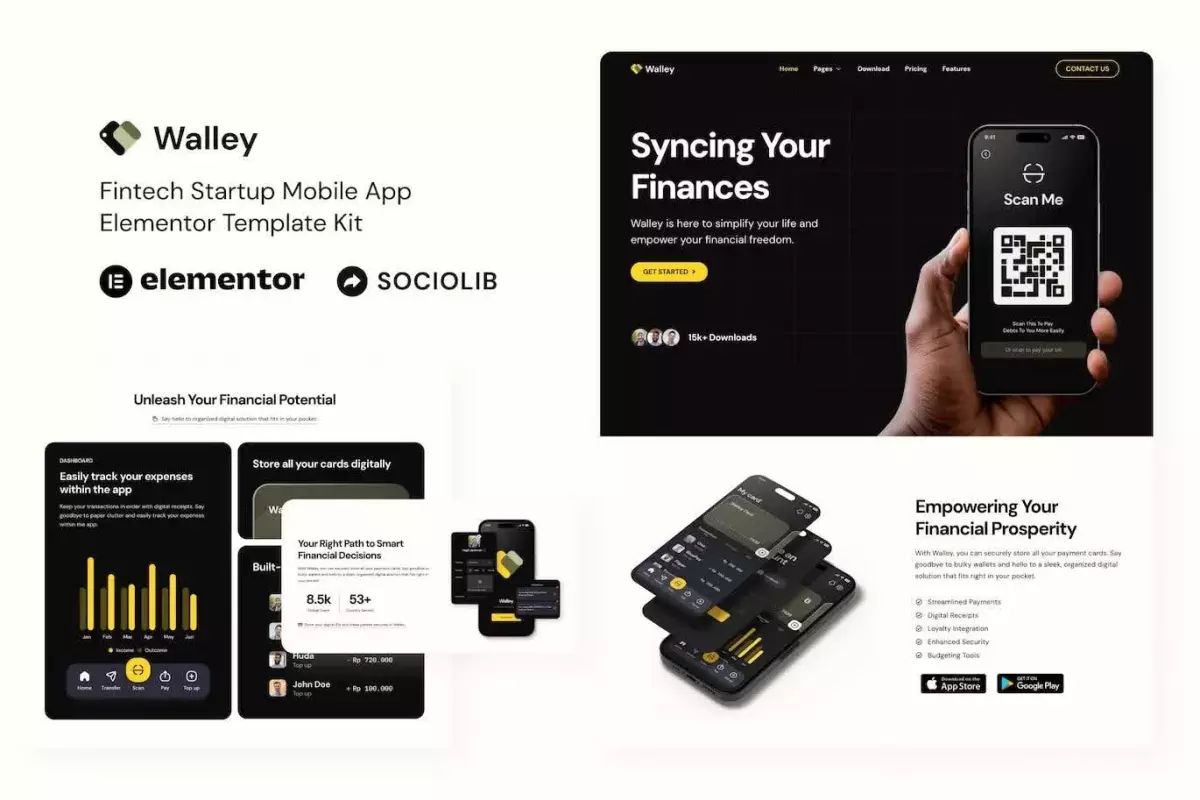 Walley - Fintech Startup Mobile App Elementor Template