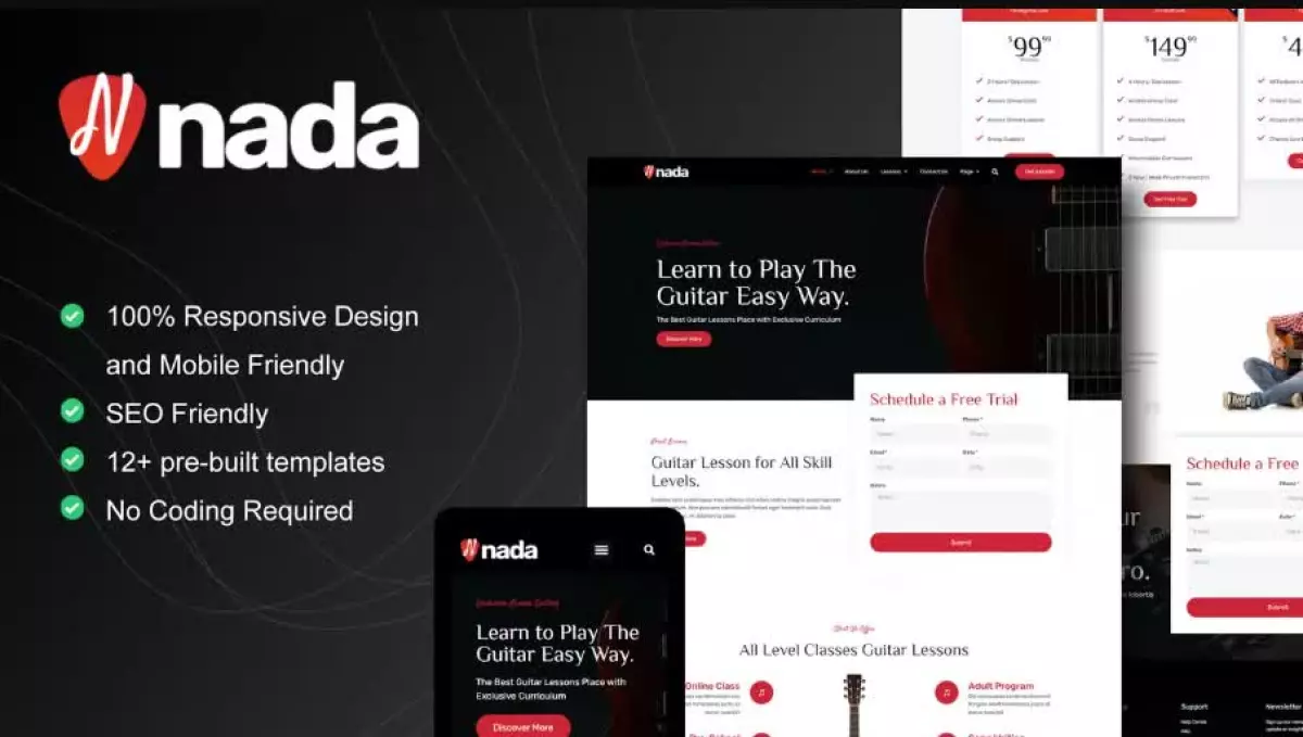 Nada - Guitar Lessons & Courses Elementor Template