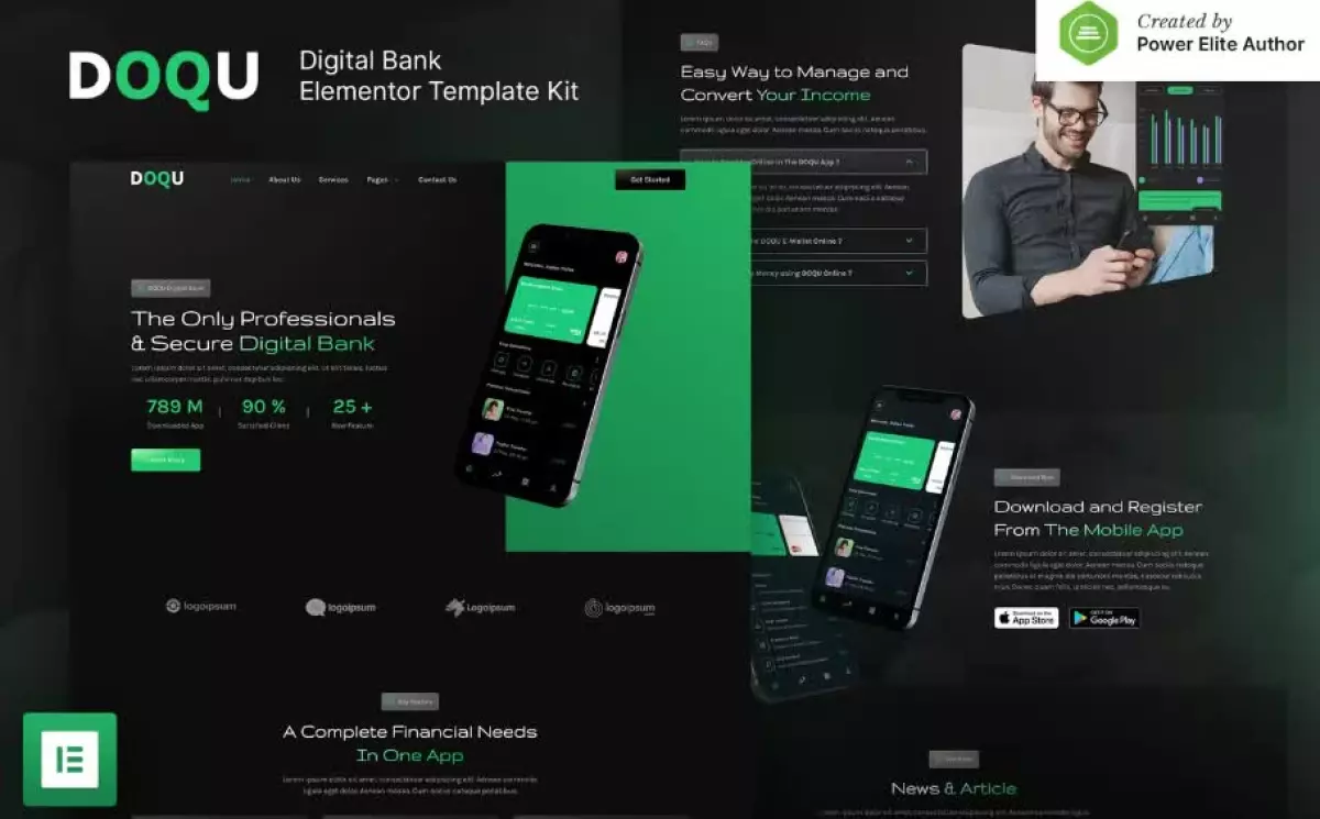 DOQU – Dark Digital Bank & E-Wallet Elementor Template