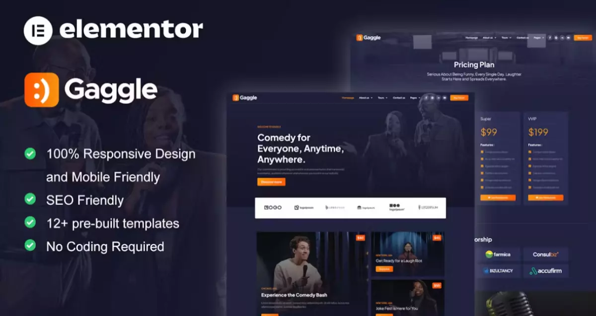 Gaggle - Comedian &amp; Entertainment Show Elementor Pro Template Kit