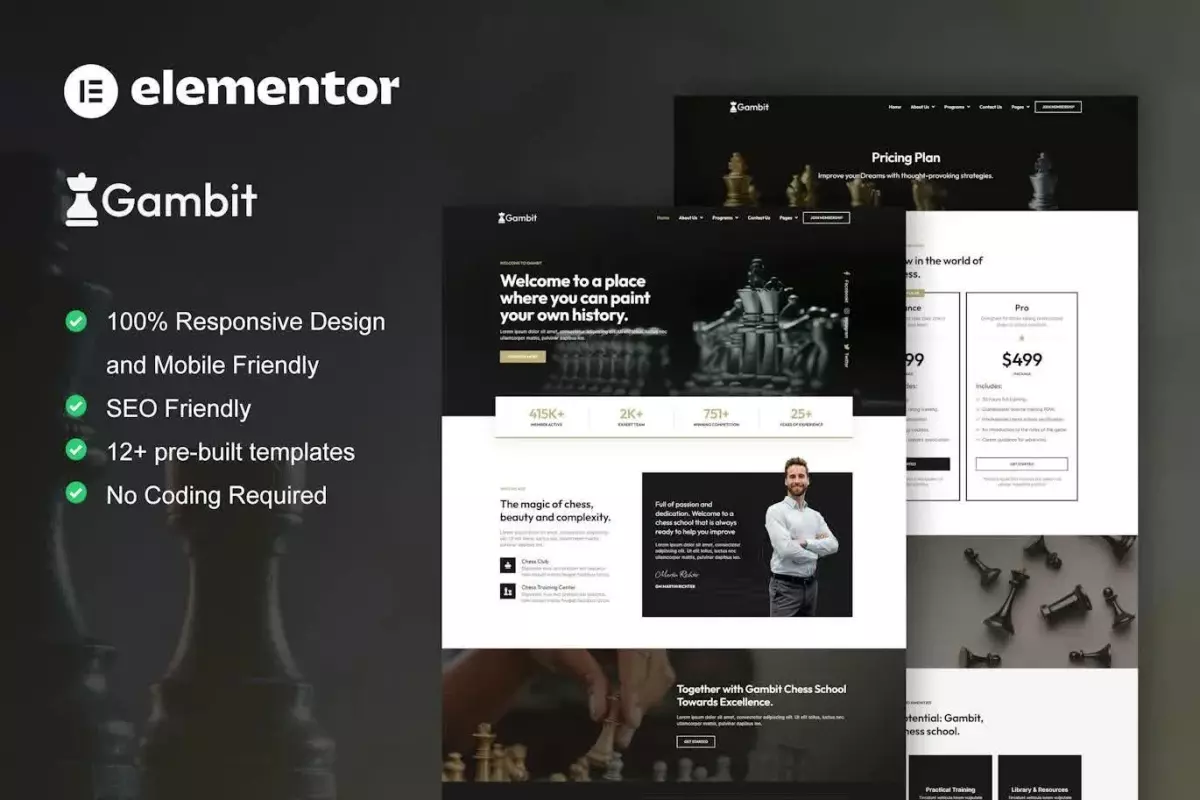 Gambit - Chess Club Courses &amp; Training Elementor Template