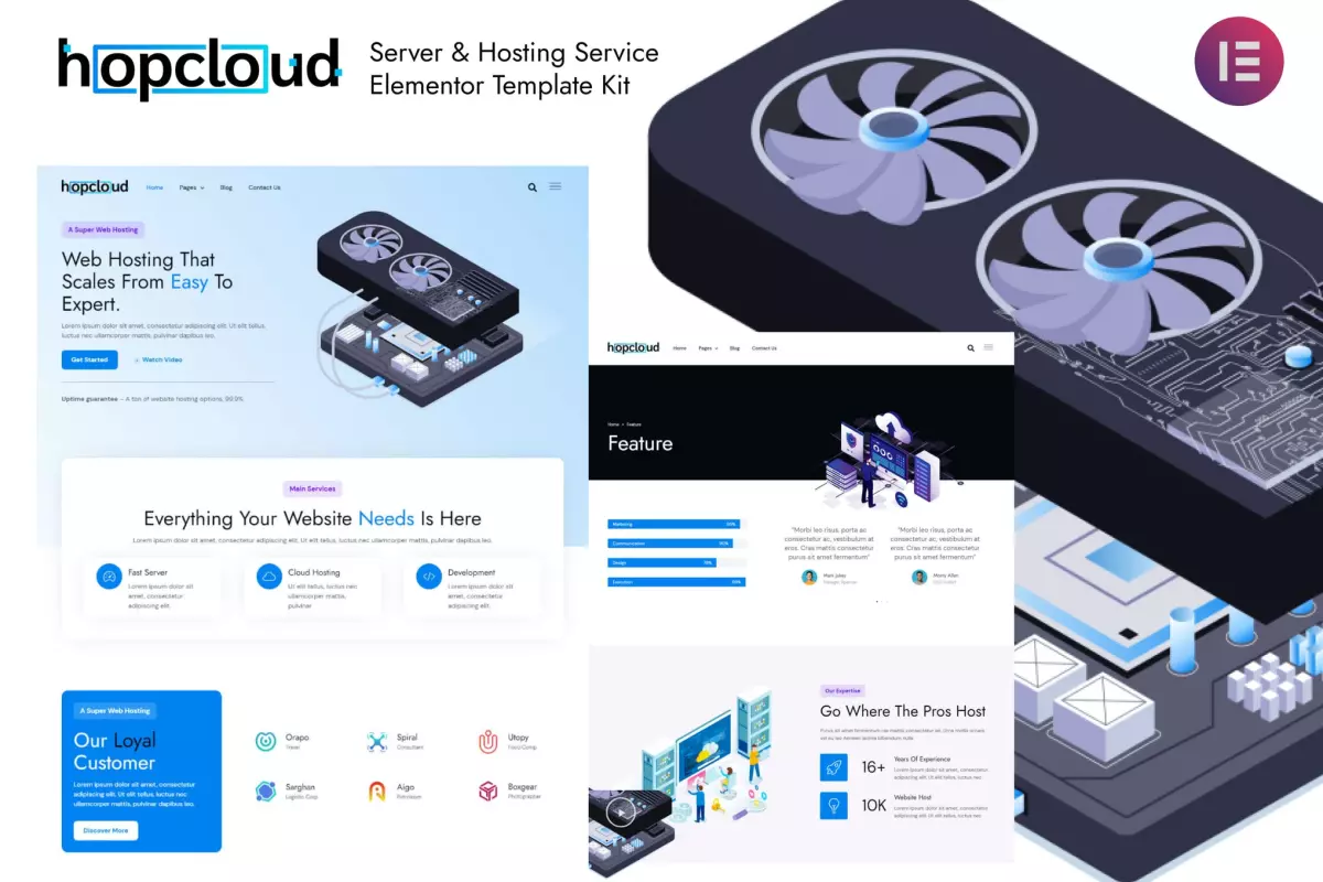 Hopcloud - Server &amp; Hosting Service Elementor Template Kit