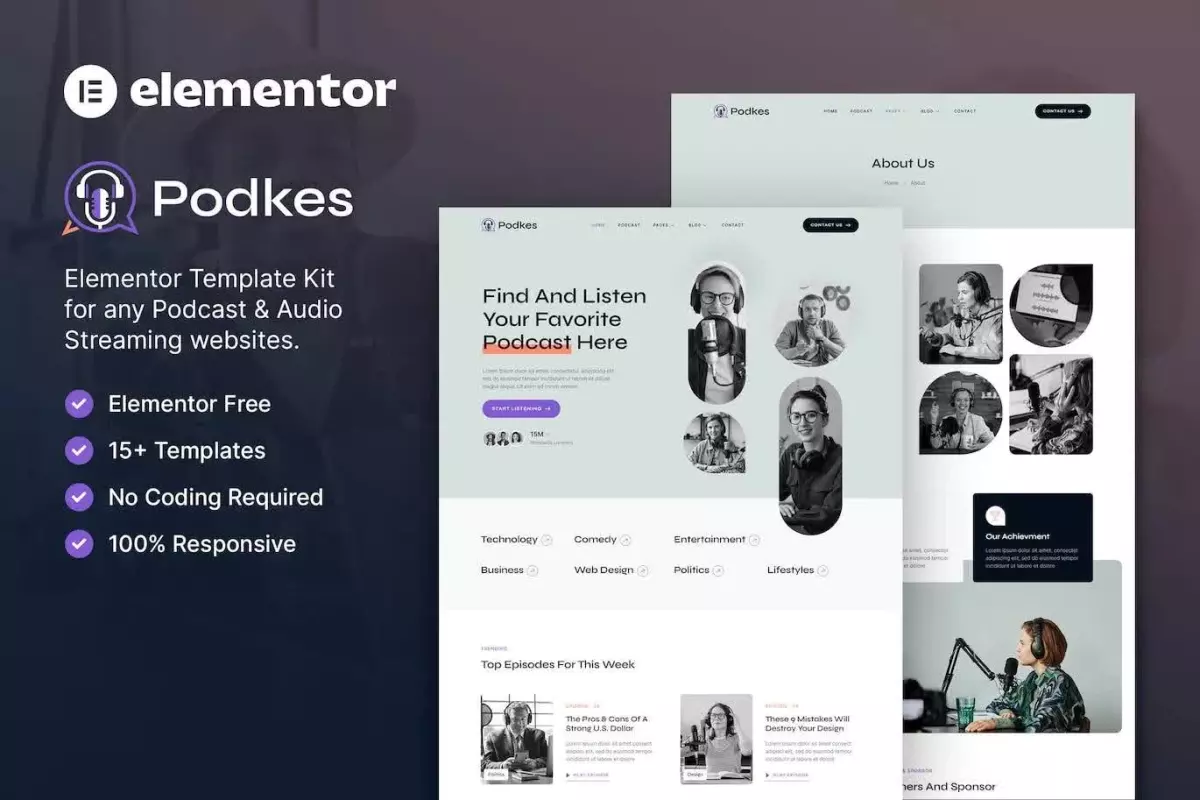 Podkes - Podcast &amp; Audio Streaming Elementor Template