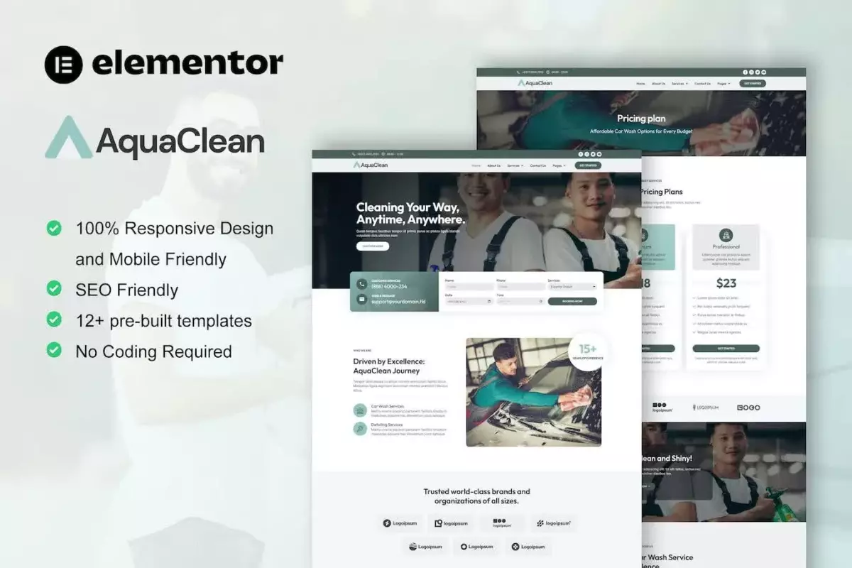 AquaClean - Car Washing &amp; Cleaning Services Elementor Template