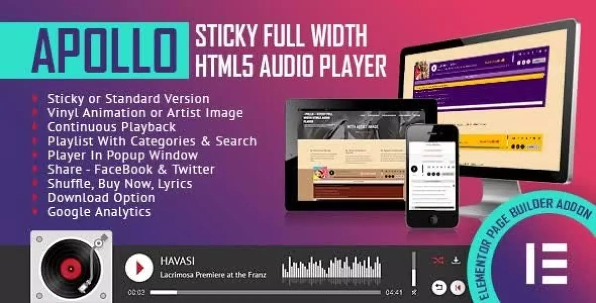 [WISH] Apollo - Sticky Full Width HTML5 Audio Player - Elementor Widget