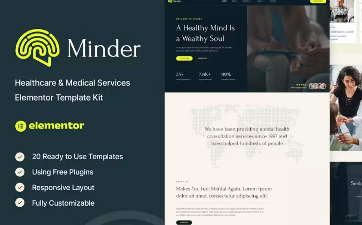 Minder – Mental Health &amp; Therapy Elementor Template Kit