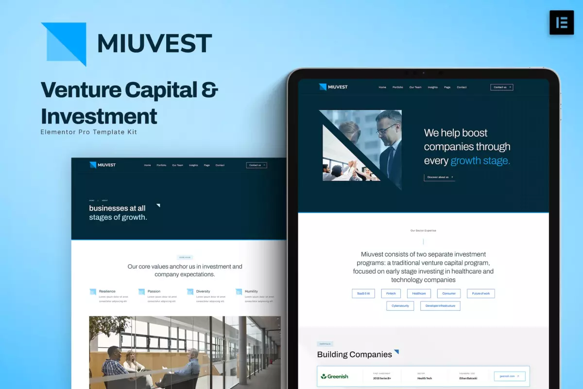 Miuvest - Venture Capital &amp; Investment Elementor Template Kit