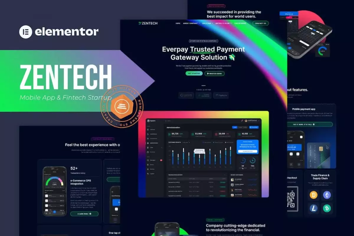 Zentech - Mobile App &amp; Fintech Startup Elementor Template