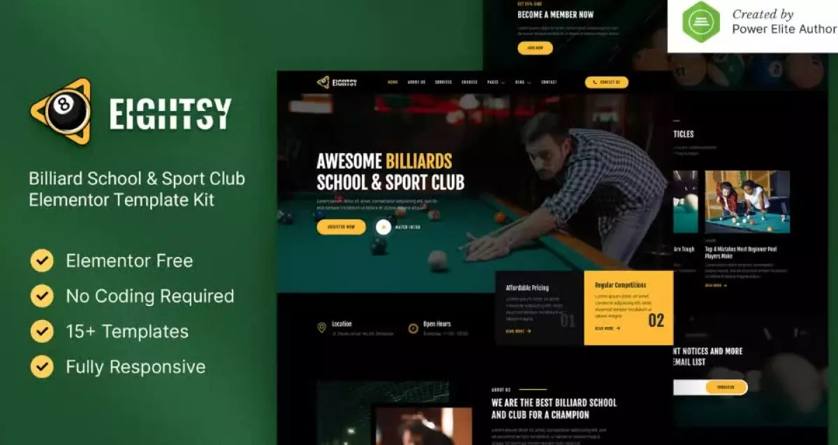 Eightsy - Billiard School & Sport Club Elementor Template