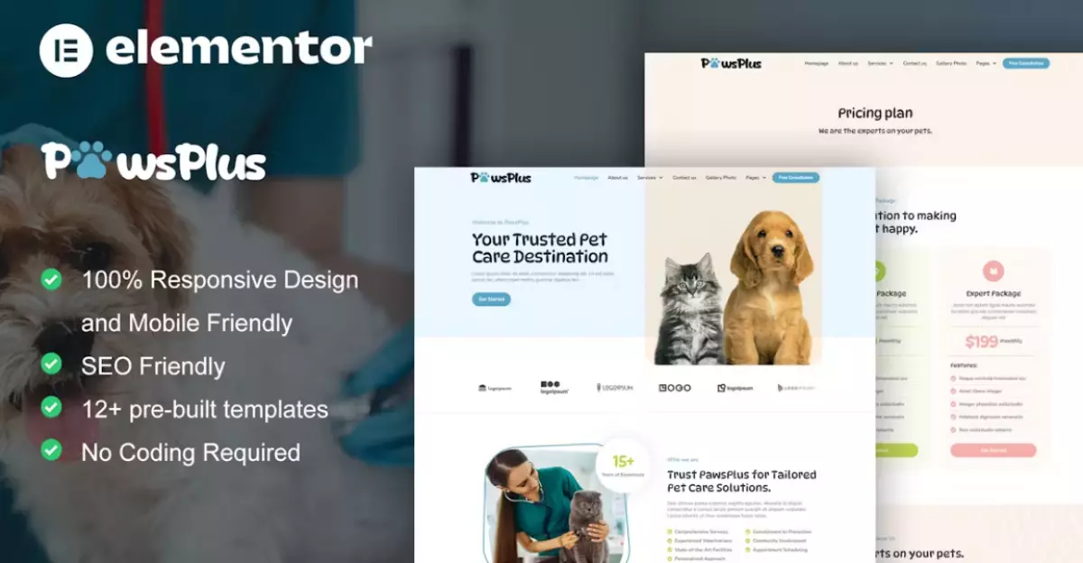 PawsPlus - Pet Care &amp; Veterinary Elementor Template Kit