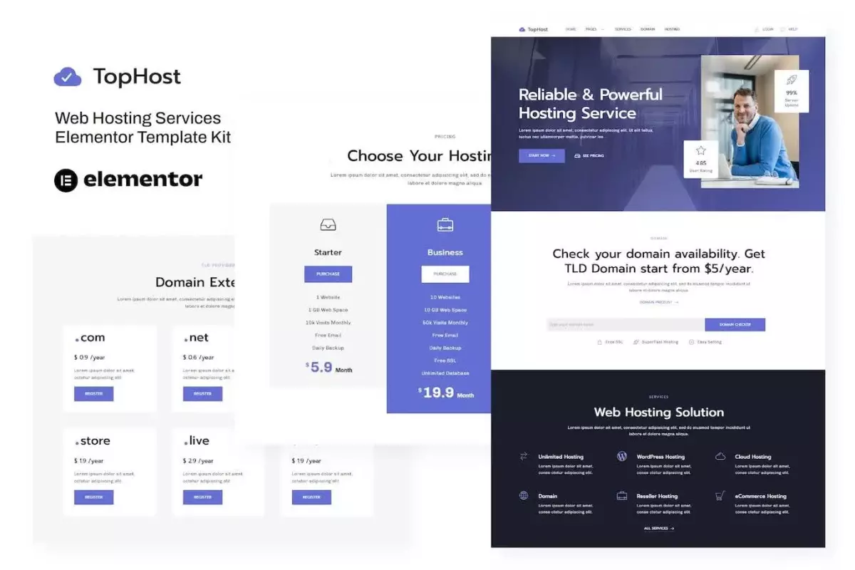 TopHost - Web Hosting Services Elementor Template