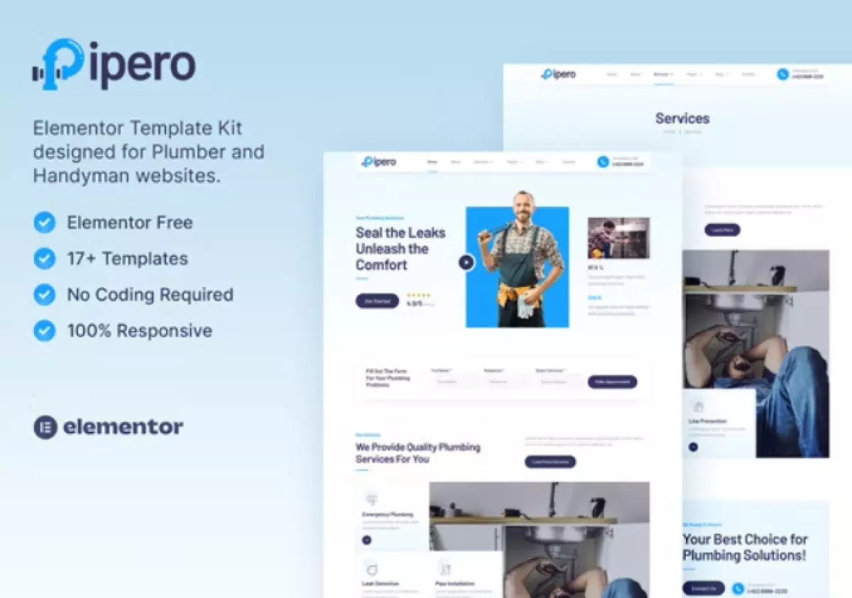 Pipero – Plumber &amp; Handyman Services Elementor Template Kit