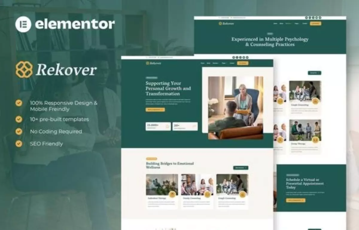 Rekover - Psychology &amp; Counseling Elementor Template Kit