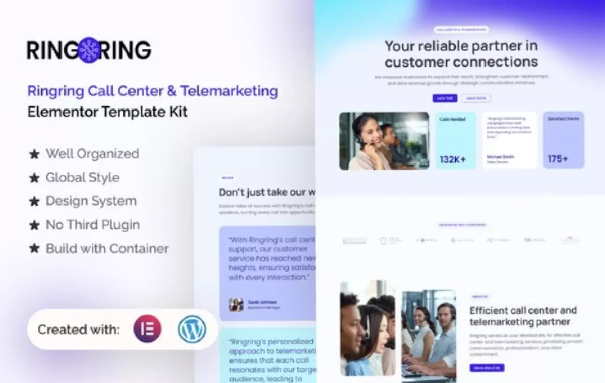 Ringring - Call Center &amp; Telemarketing Elementor Pro Template Kit