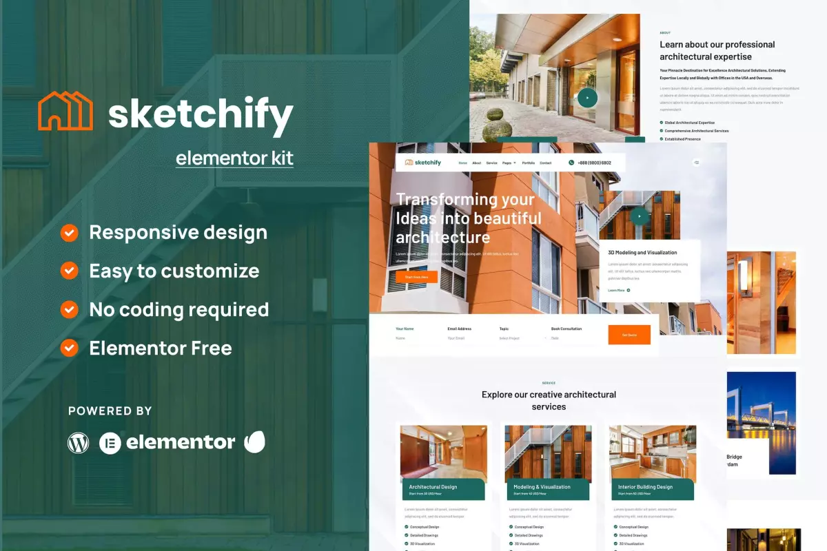 Sketchify - Architecture &amp; Construction Service Elementor Template Kit