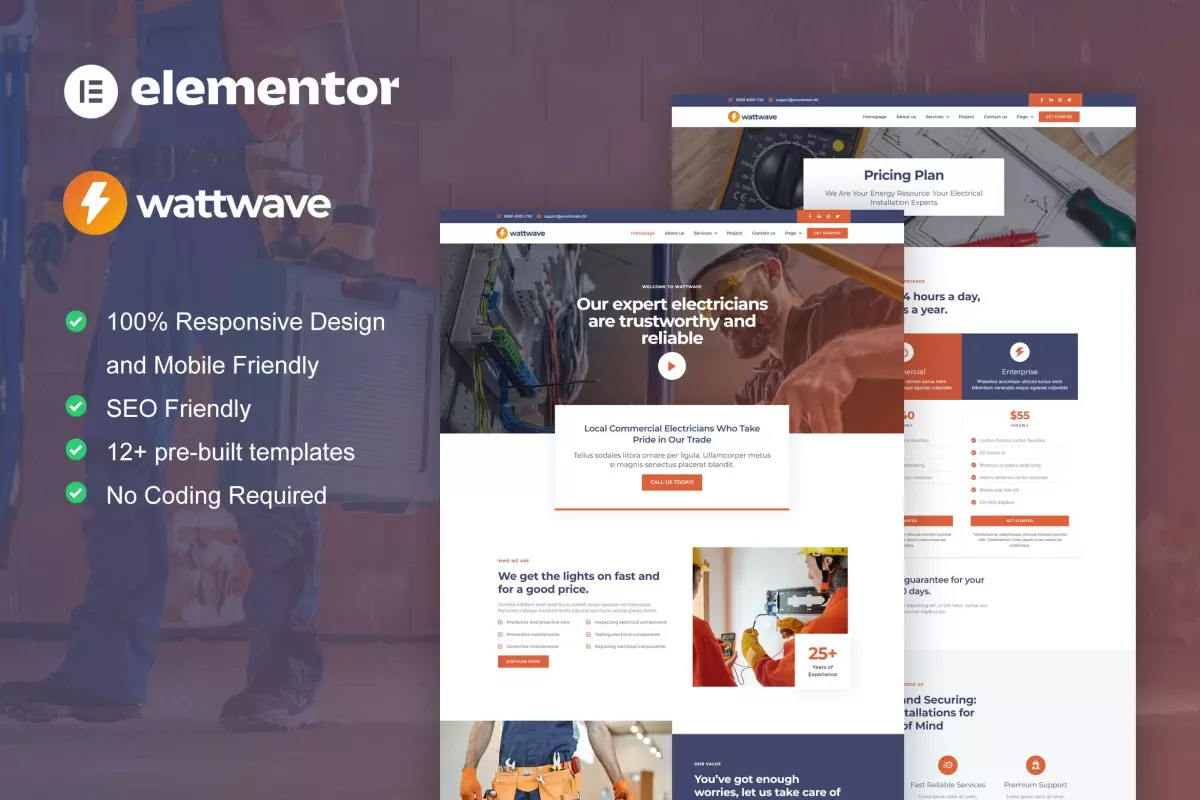 WattWave - Electrical Installation &amp; Maintenance Service Elementor Pro Template Kit