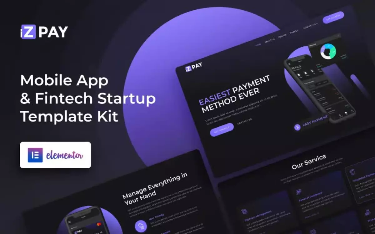 iZPAY - Mobile App & Fintech Startup Elementor Template