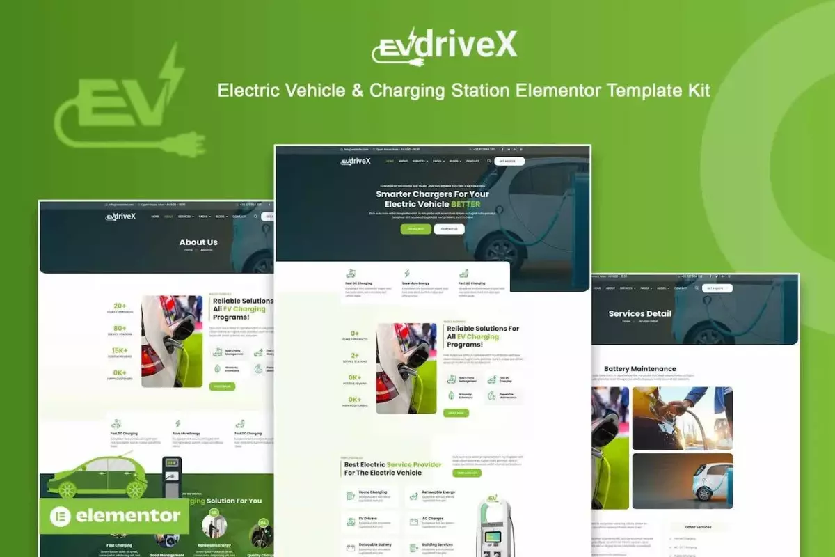 EVdriveX - Electric Vehicle &amp; Charging Station Elementor Template