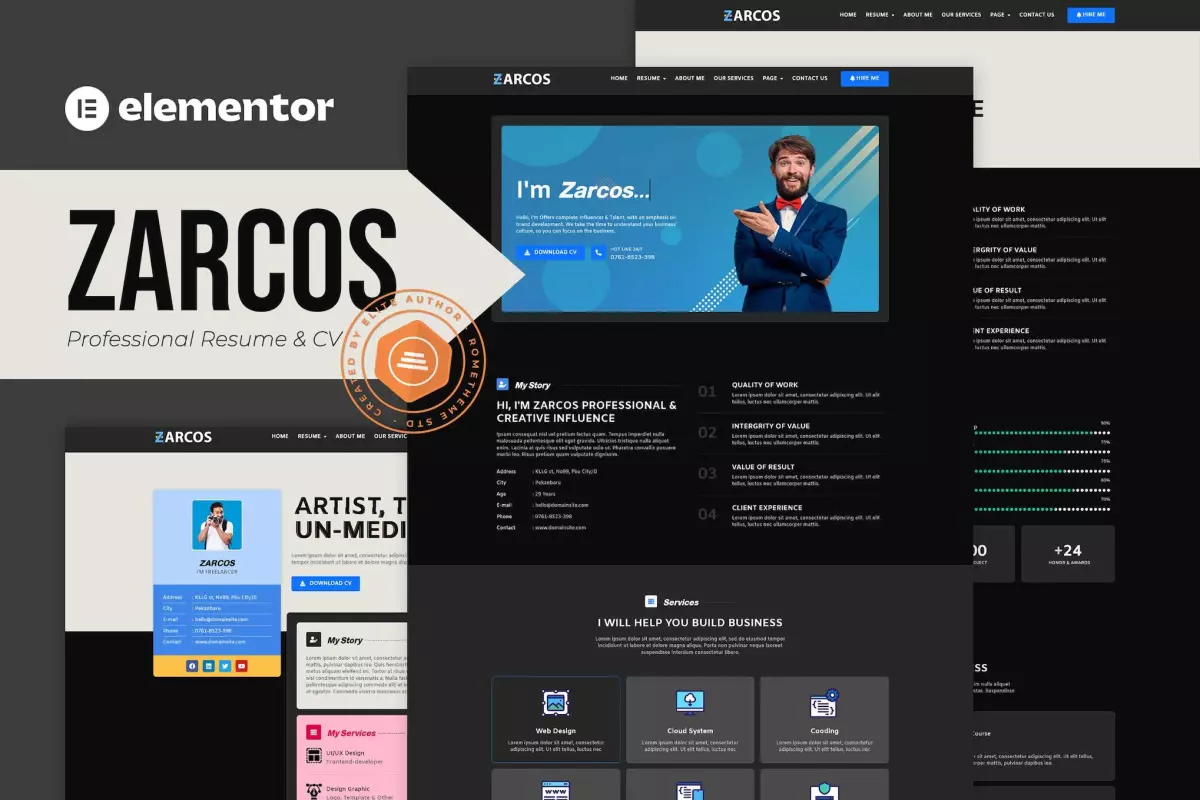 Zarcos - Professional Resume &amp; CV Elementor Template Kit