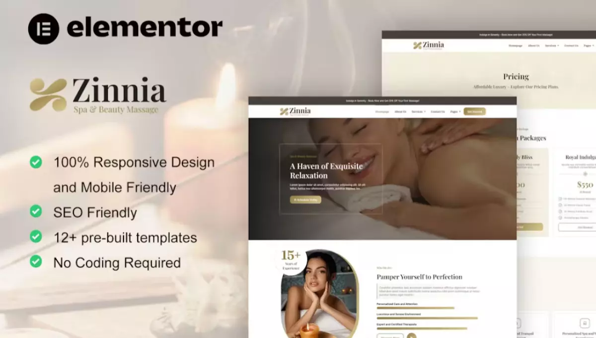 Zinnia - Spa &amp; Beauty Care Elementor Pro Template Kit