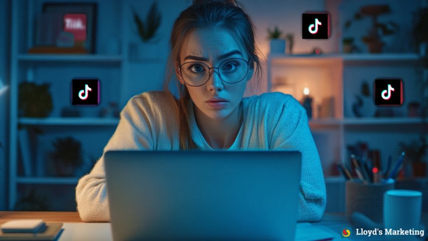 A Businesswoman With Glasses Looks At A Laptop Screen, Surrounded By Tiktok Logos In A Dimly Lit Room.