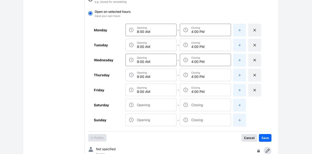 Her redigerer du åpningstidene på Facebook-siden din