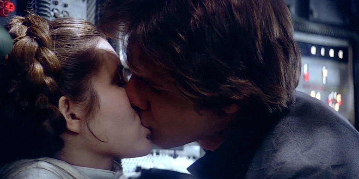 The first time Han Solo and Leia Organa kiss is after she had rejected his advances multiple times, she told him to stop touching her and he backed her into a wall. Photo form Star Wars.