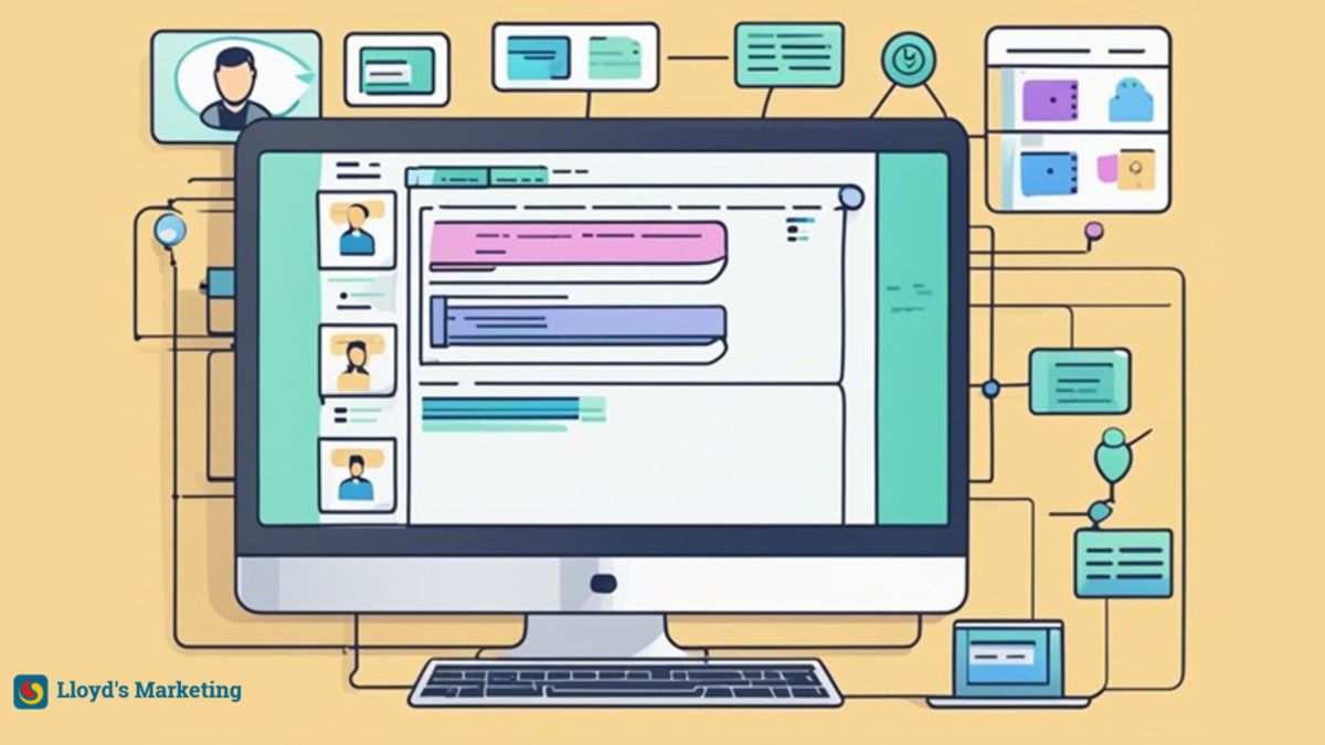 Illustration Of A Computer Screen With Various Interface Elements Connected, Depicting A Digital Communication Platform Workflow.