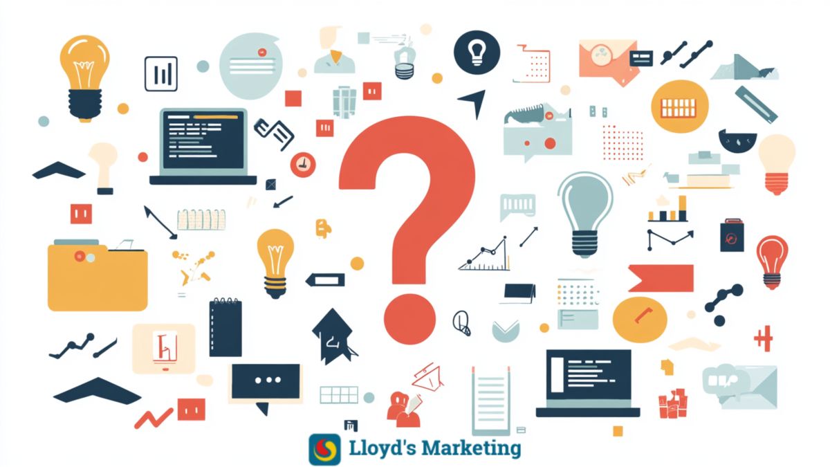 Illustration of a large red question mark surrounded by various business and technology icons, such as light bulbs, charts, and documents. “Lloyd's Marketing” text at the bottom.