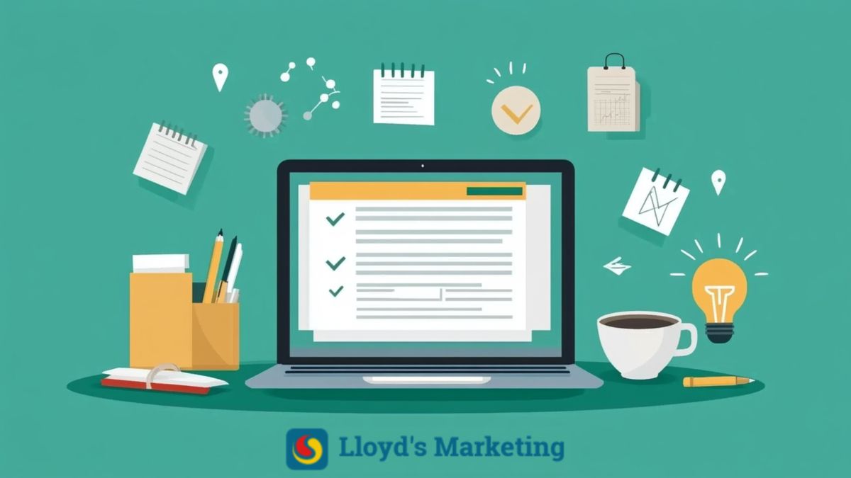 Illustration of a laptop with checklists on the screen, surrounded by office supplies, paperwork, a coffee cup, and a light bulb, with "Lloyd's Marketing" logo below.