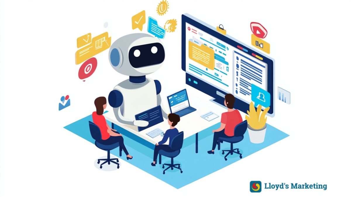 Illustration Of Business People And A Chatbot Around A Table With Laptops, Discussing Ai Chatbot Query Analysis, Surrounded By Icons Of Graphs And Gears.