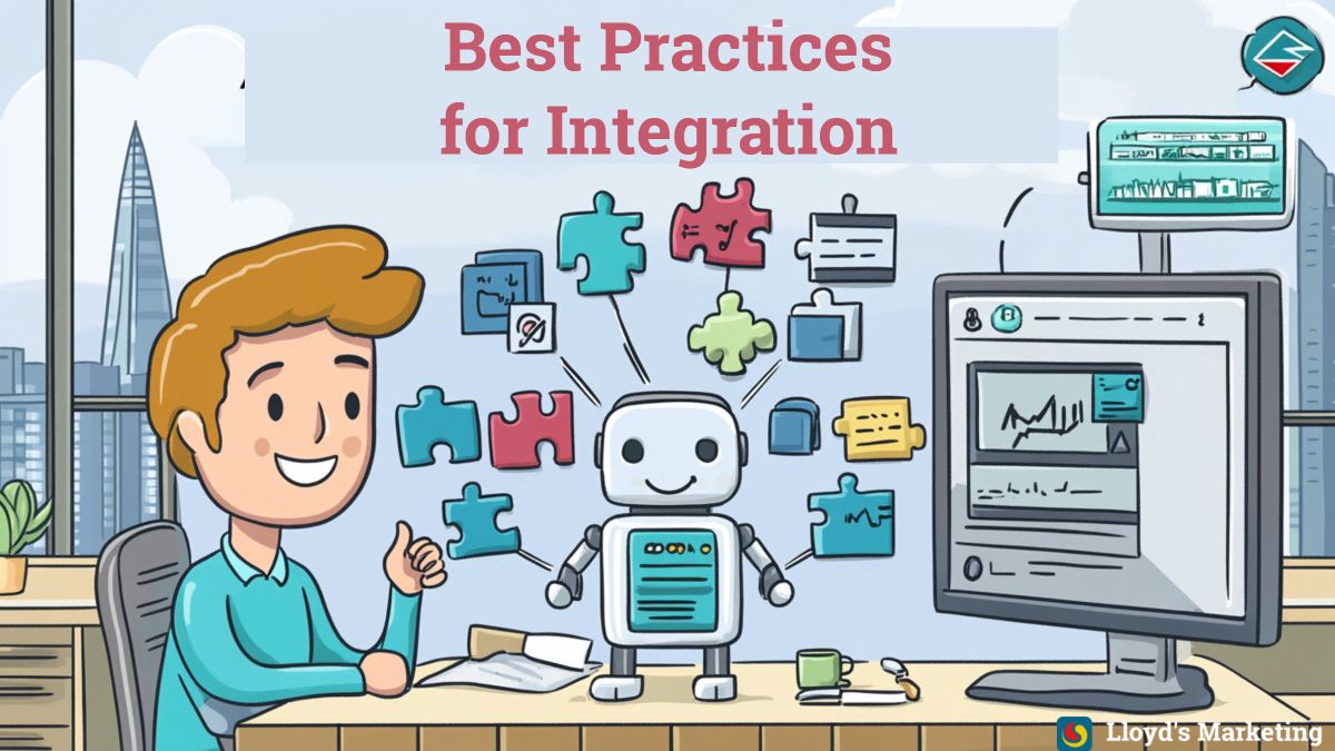 Cartoon Of A Person In An Office With A Robot, Puzzle Pieces, And A Computer Displaying Charts. Text Reads &Quot;Best Practices For Integration.