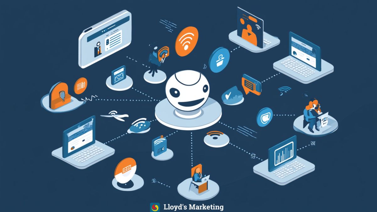 Illustration Of A Digital Network With A Central Chatbot Icon Connecting Various Tech Devices Such As Laptops, Smartphones, And Tablets, Symbolizing Interconnected Communication And Technology.