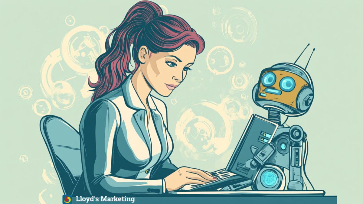 A Businesswoman Working On A Laptop With A Small Chatbot Sitting Beside And Helping Her.