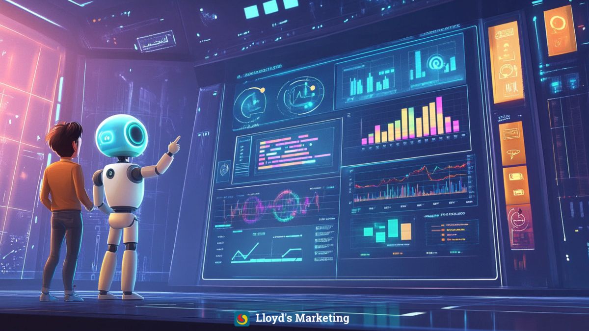 A Businessman And A Chatbot Analyse Large Digital Screens Displaying Various Colourful Charts And Graphs In A Futuristic Setting.