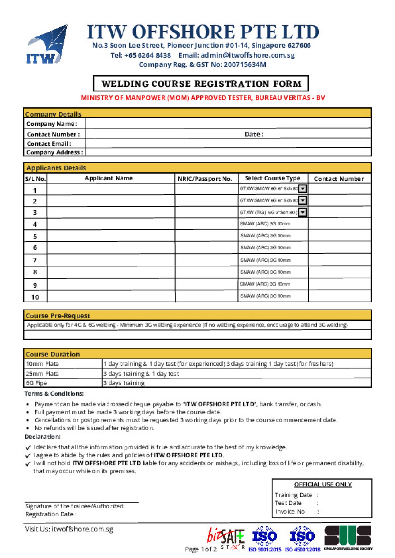 Welding Registration Form