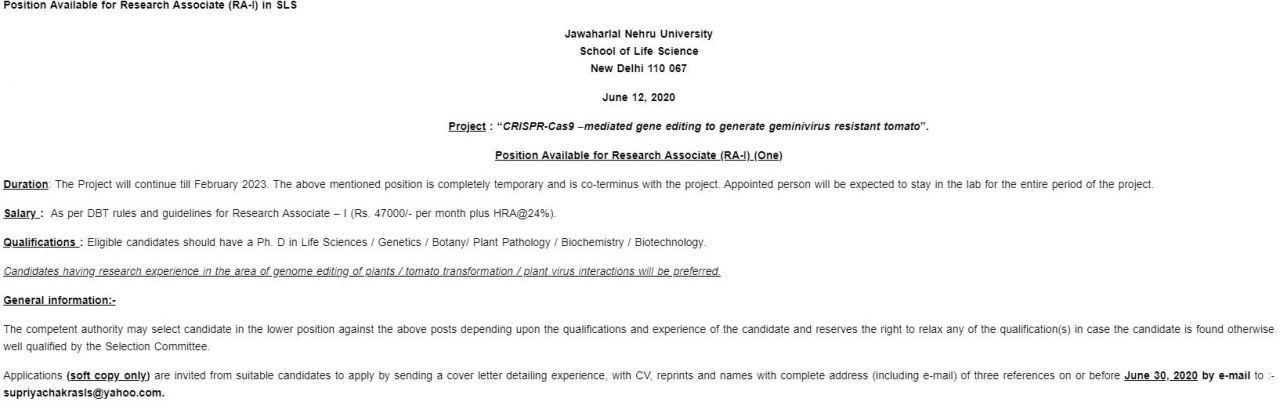 JNU RA POSITION