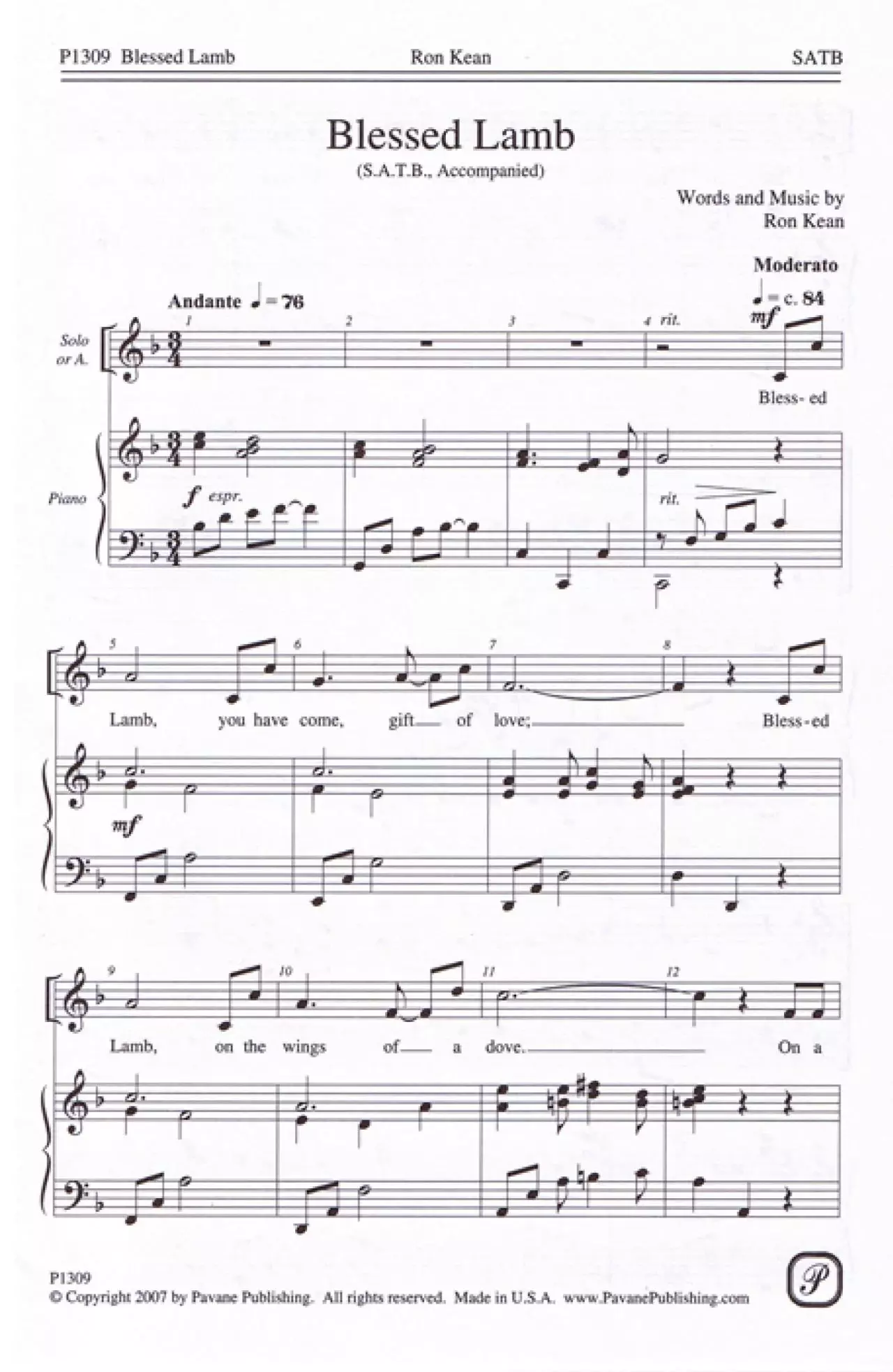 Blessed Lamb Satb Choral Score Pavane Publishing