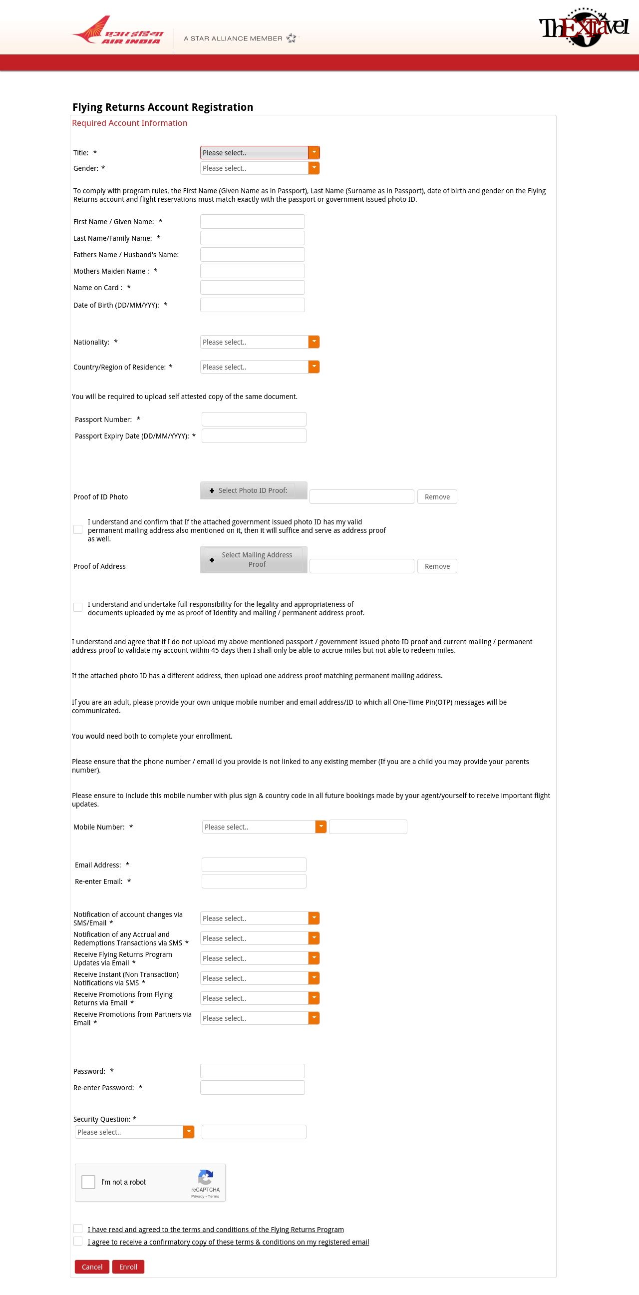 Flying Returns Account Registration