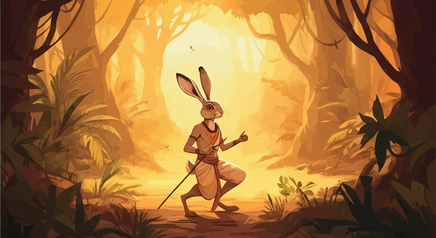 AI-generated illustration of the Hare on the Moon, a Jataka tale featuring a hare, monkey, otter, and jackal practicing penance.