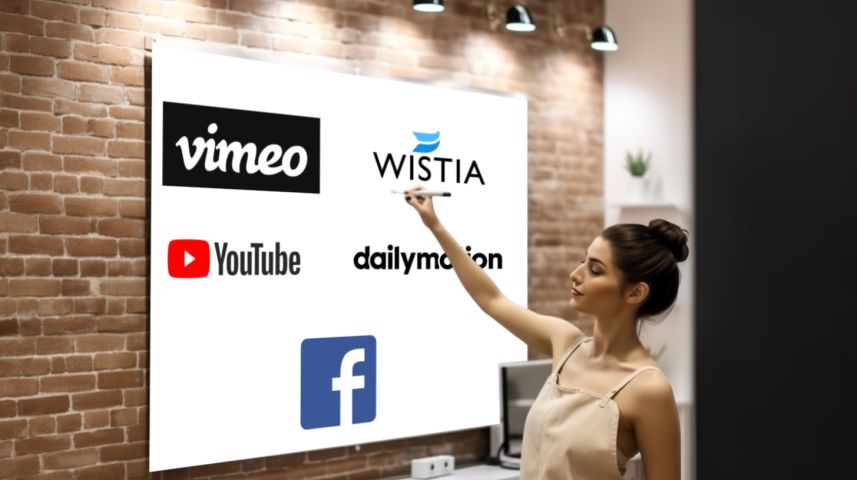 A Woman Is Pointing At A Wall With Several Social Media Logos.