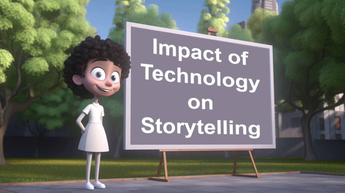 A Cartoon Character Standing In Front Of A Sign That Says Impact Of Technology On Storytelling.