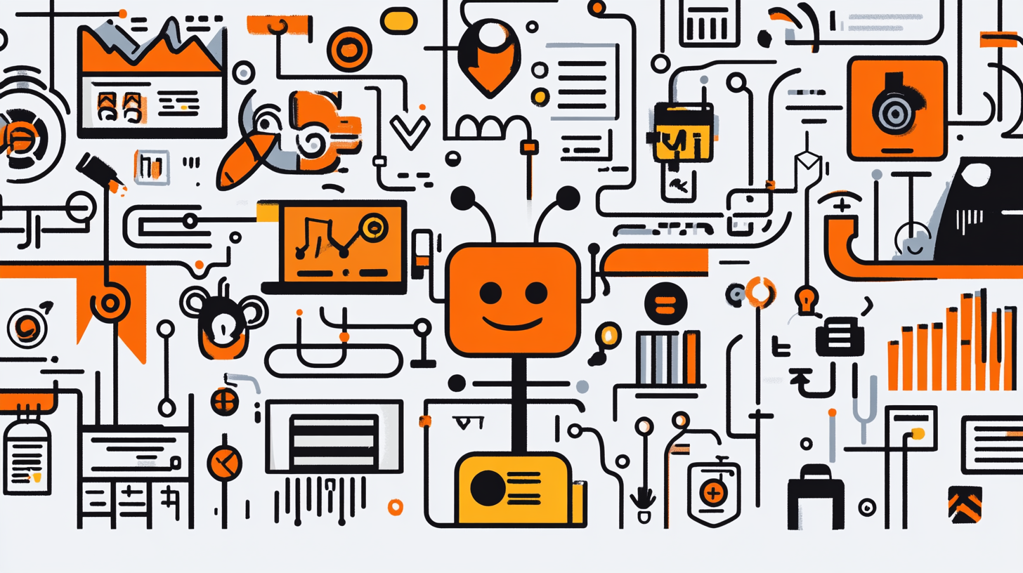 Illustration Of A Chatbot Surrounded By Various Data And Technology Icons, Charts, And Graphs, Featuring Orange, Black, And White Colour Scheme.