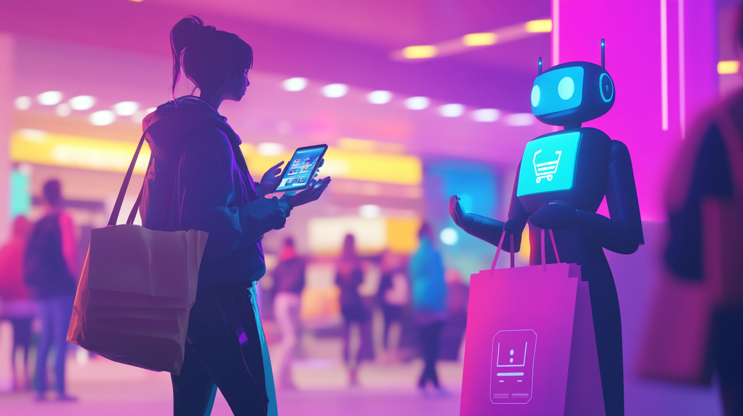 A Person Interacts With An Ai Chatbot In A Colorful, Futuristic Mall Setting.