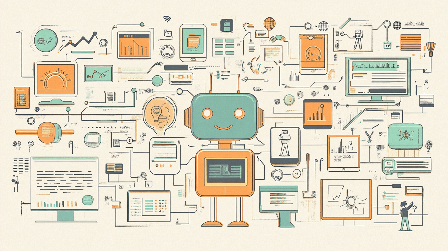 Illustration Of A Robot Surrounded By Various Screens And Tech Icons, Depicting Data And Analytics.