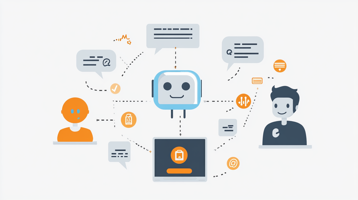 Illustration Of A Chatbot Interacting With Diverse Users. Speech Bubbles And Icons Depict Conversation, Data Analysis, And Document Sharing. A Laptop Is Shown At The Bottom.