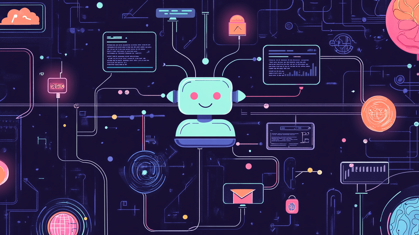 An Illustration Of A Smiling Small Business Chatbot Connected To Various Digital Screens Displaying Data And Icons, Set Against A Dark Background With Colorful Circuit Designs.